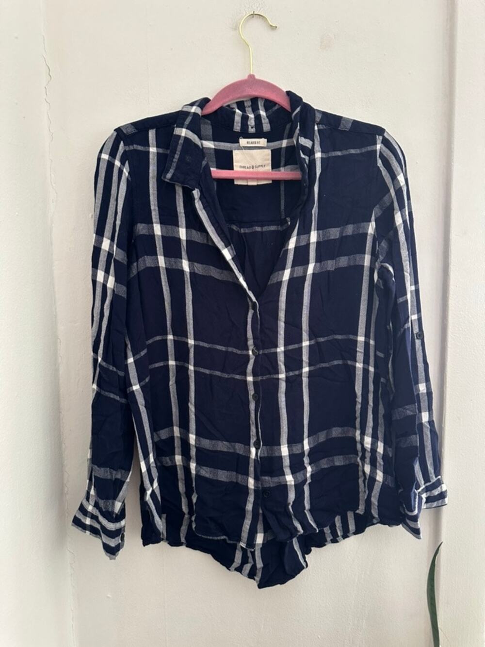 THREAD & SUPPLY Relaxed Fit Blue Flannel Button Front | Size Medium